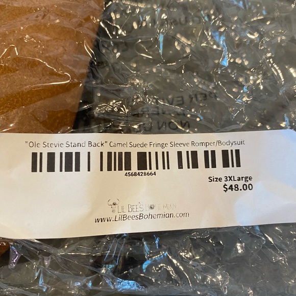 “Ole Stevie Stand Back” camel suede fringe sleeve romper/bodysuit NWT - Picture 5 of 10